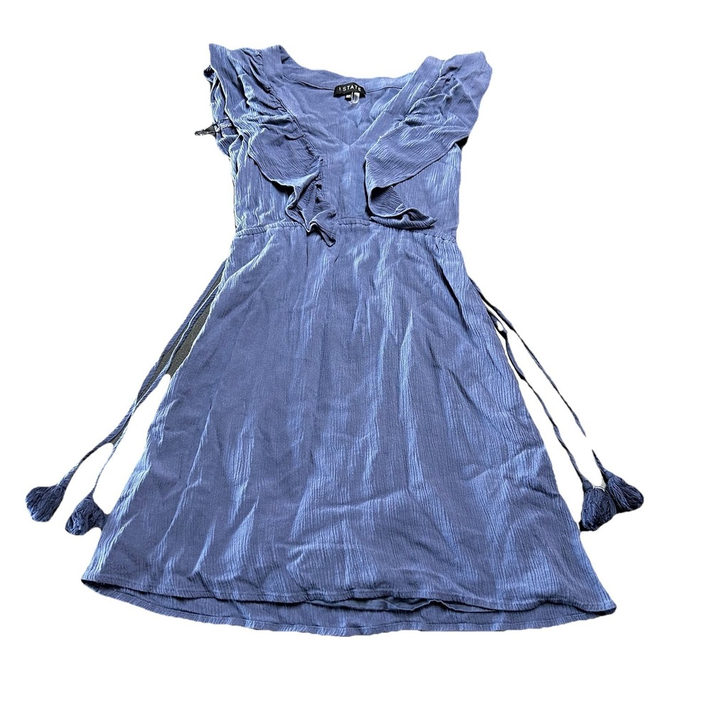 1.STATE Ruffle Sleeve Dress Smocked Waist Mini Dress Capri Blue XXS Cottagecore